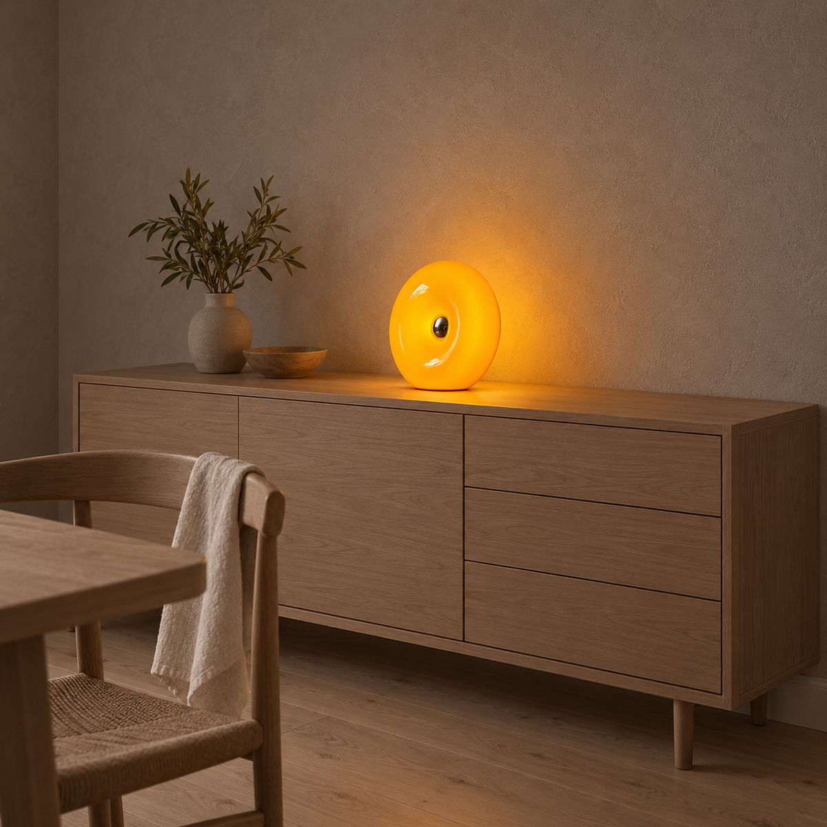 Vilomer Orange wall light standing on a wooden sideboard, glowing beside a vase with branches and a bowl.