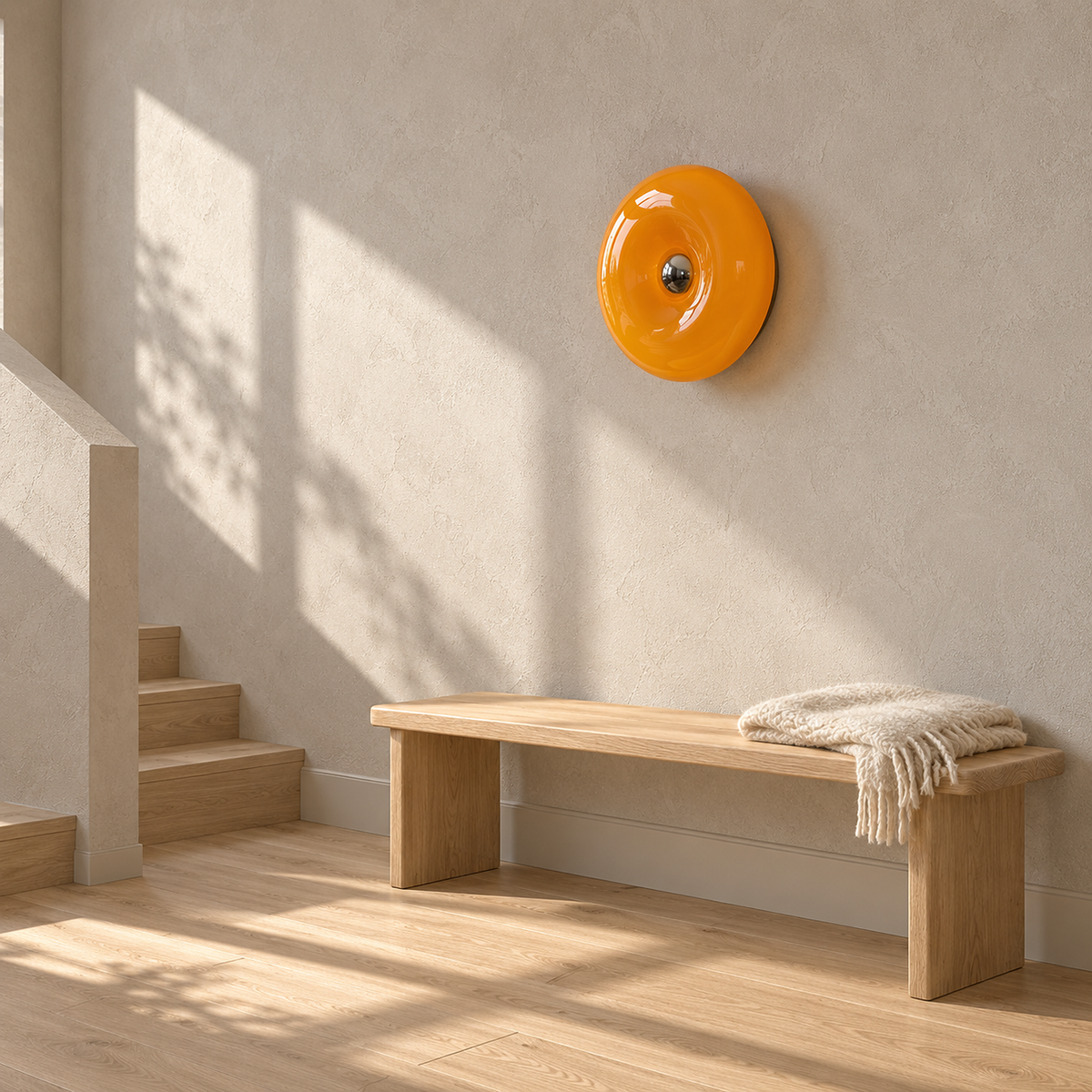 Vilomer orange plug in wall sconce unlit above a sunlit stair landing bench