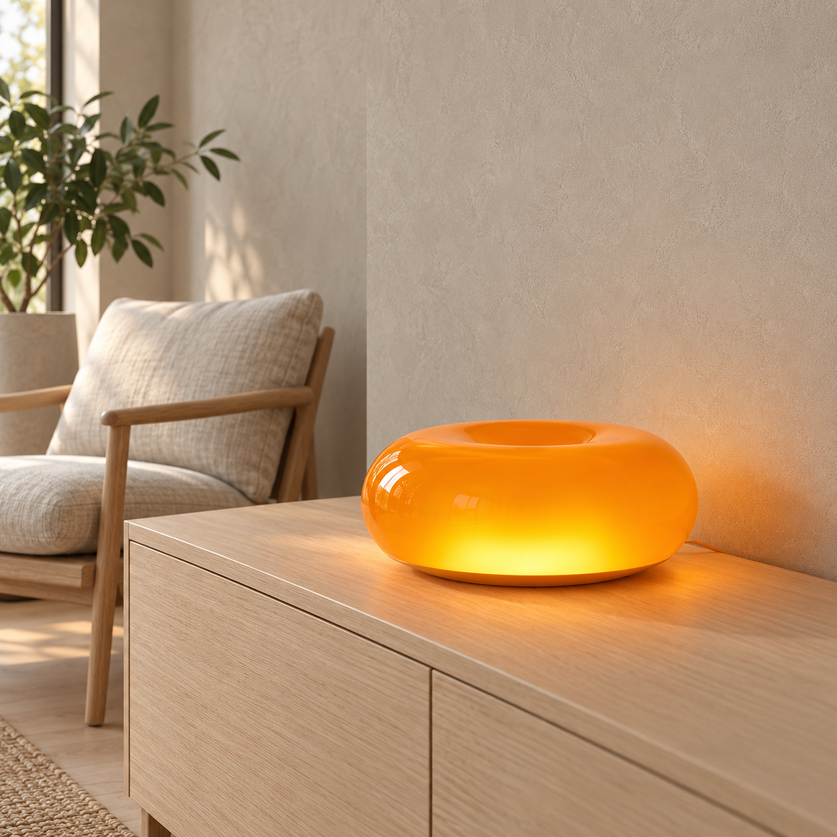 Vilomer orange wall lamp resting horizontally on a study console, glowing in daylight