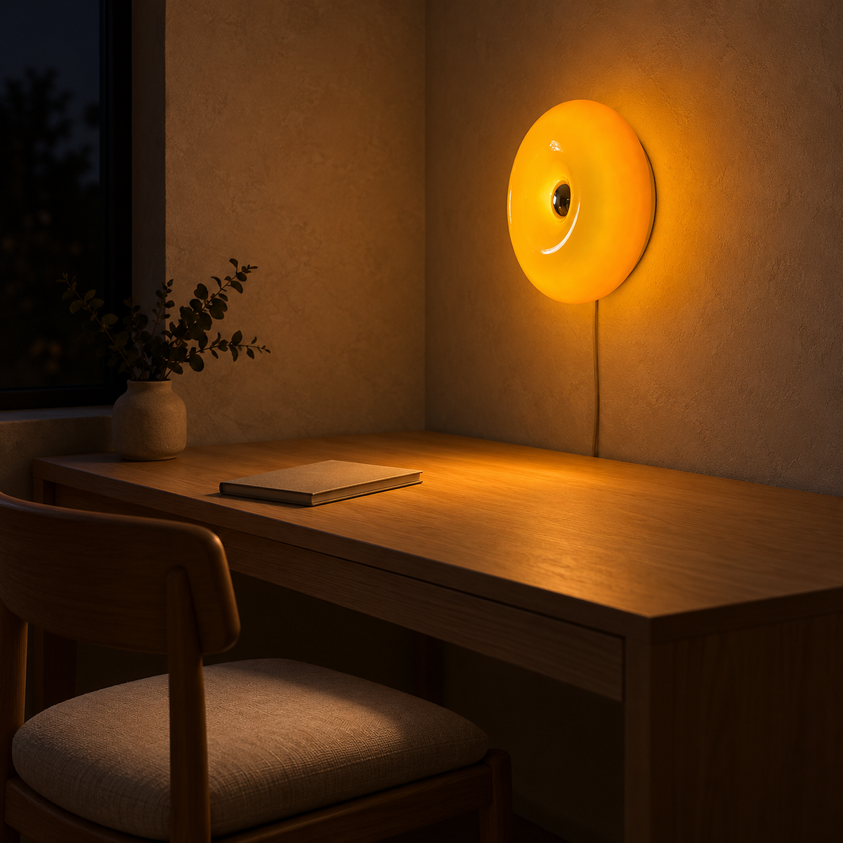 Vilomer orange wall light washing a study wall with a soft glow at night