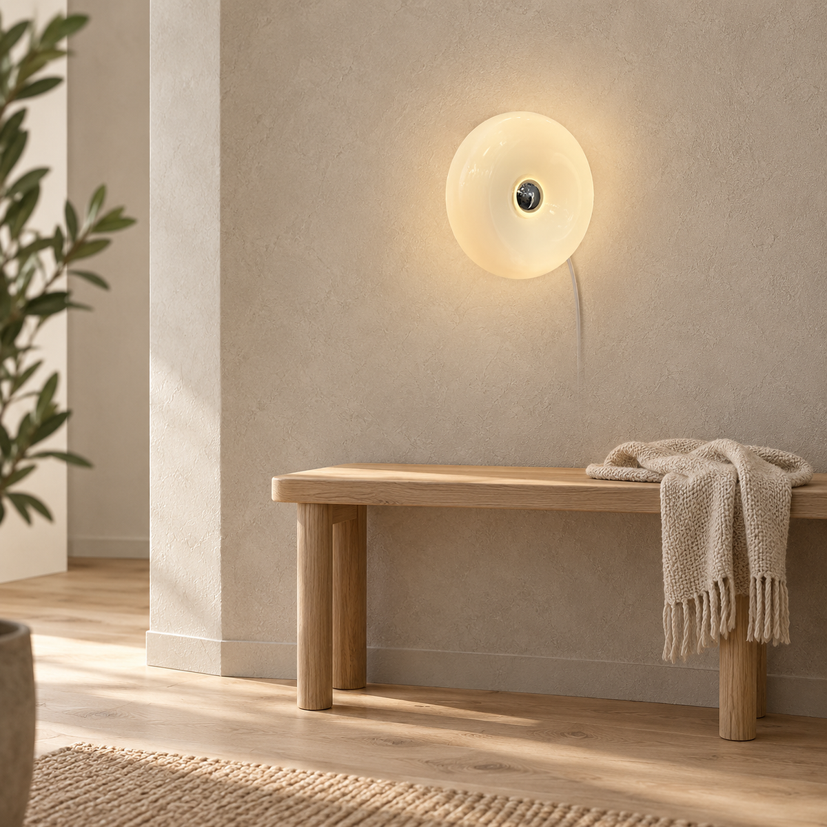 Vilomer white wall sconce glowing above an entry bench in daylight #color_white