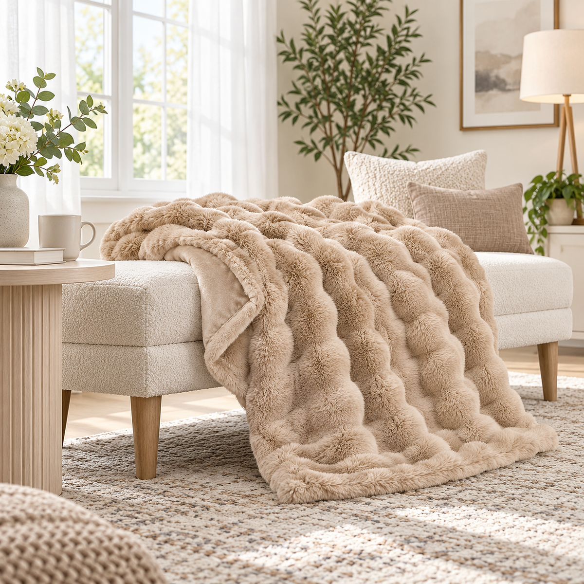 Vimarel beige fleece throw blanket in loose folds on an ivory bench in a dressing alcove #color_beige