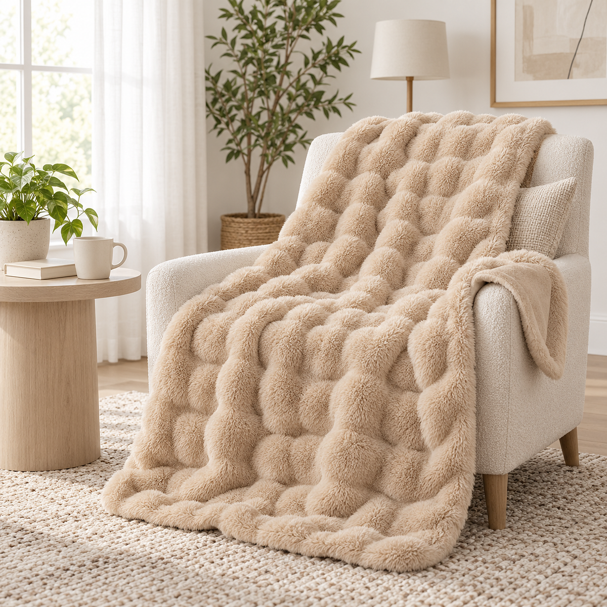 Vimarel beige throw blanket draped over an ivory chair in a sitting alcove #color_beige