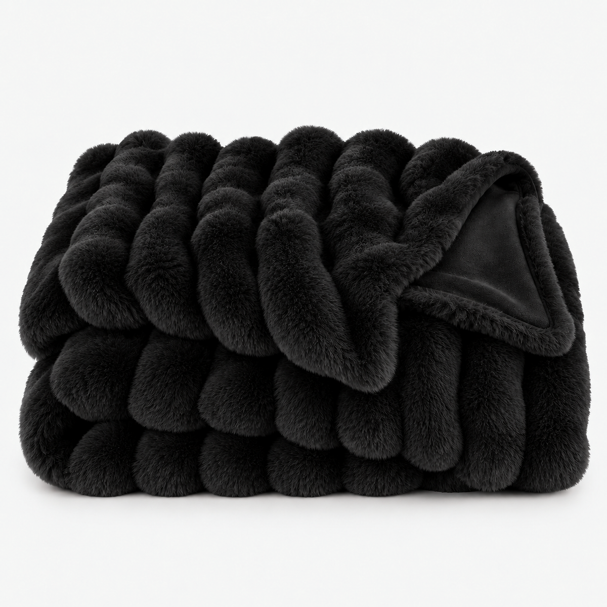 Vimarel black faux fur throw blanket loosely folded with visible raised bubble rows #color_black