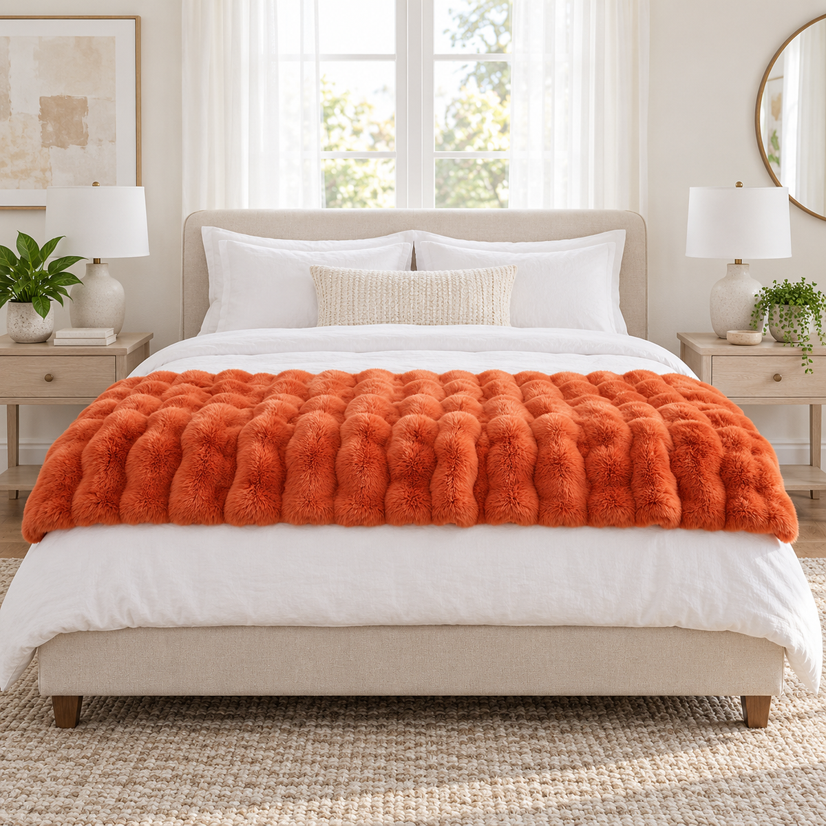 Vimarel burned orange faux fur throw blanket spread across the foot of a queen bed in the main bedroom