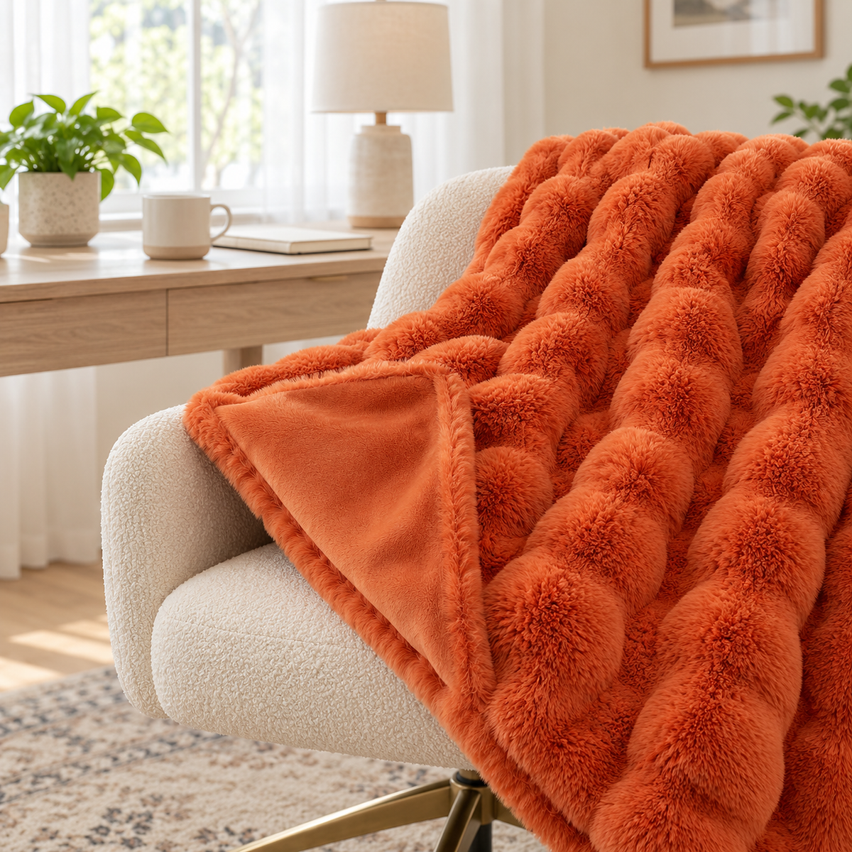 Vimarel burned orange fleece throw blanket with one corner turned back to show the micromink reverse and hemmed edge