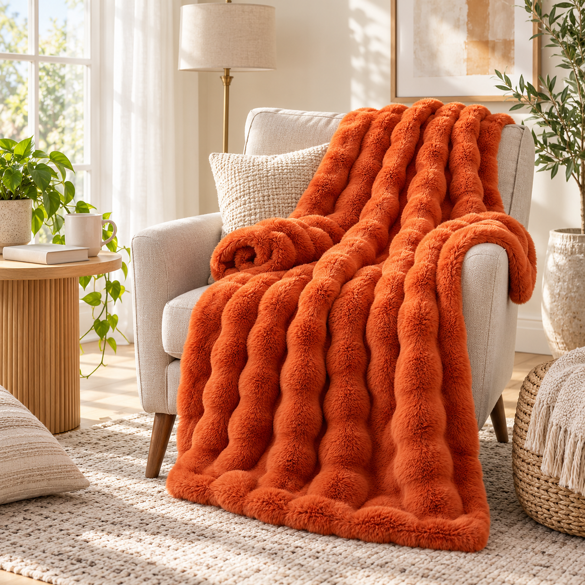 Vimarel burned orange plush throw blanket in a loose roll on a chair seat in a bright reading corner