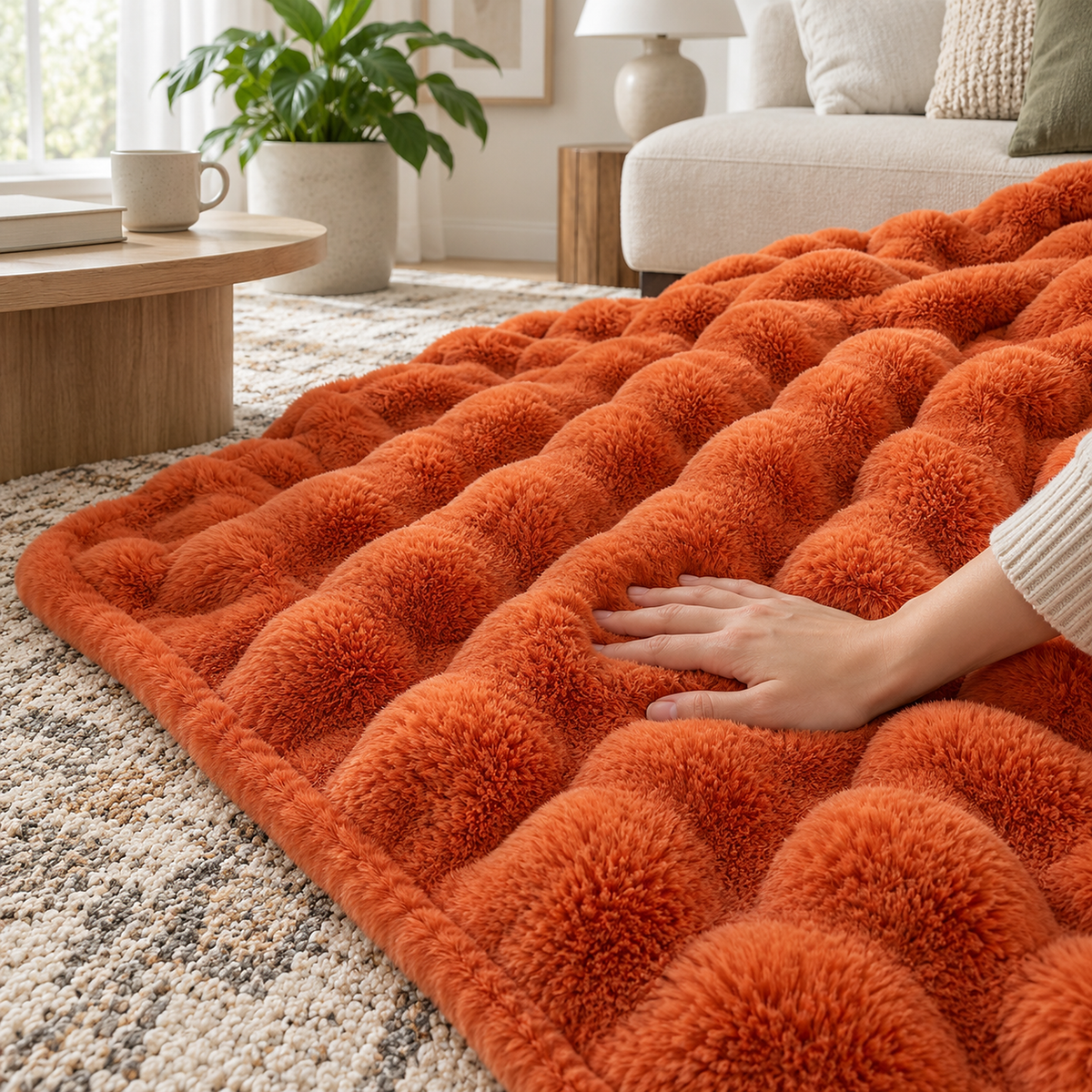 Vimarel burned orange soft throw blanket with an adult hand gently pressing the bubble faux rabbit fur