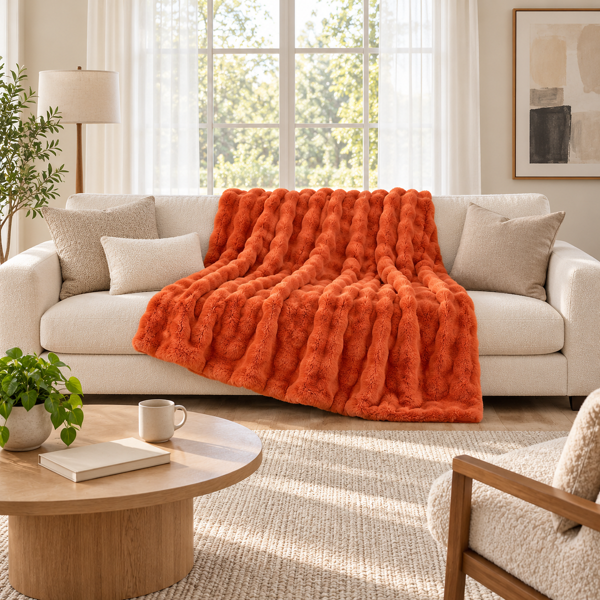 Vimarel burned orange throw blanket for couch spread open across ivory sofa cushions in a bright living room