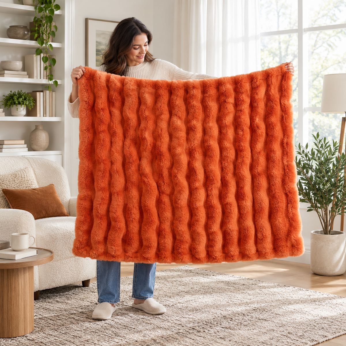 Vimarel burned orange throw blanket held fully open by a standing adult to show its size in a library corner