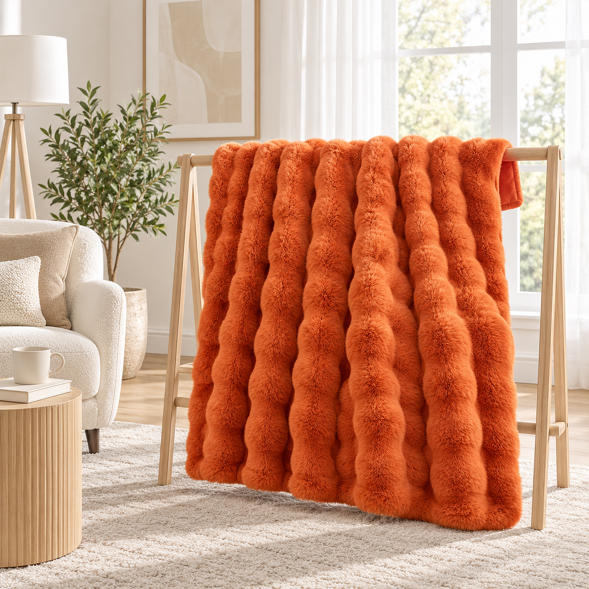 Vimarel burned orange throw blanket opened out over a wooden blanket rail in a small sitting room