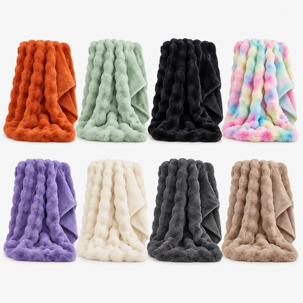 Vimarel throw blanket in burned orange, green, black, tie dye rainbow, cream white, gray, beige and purple