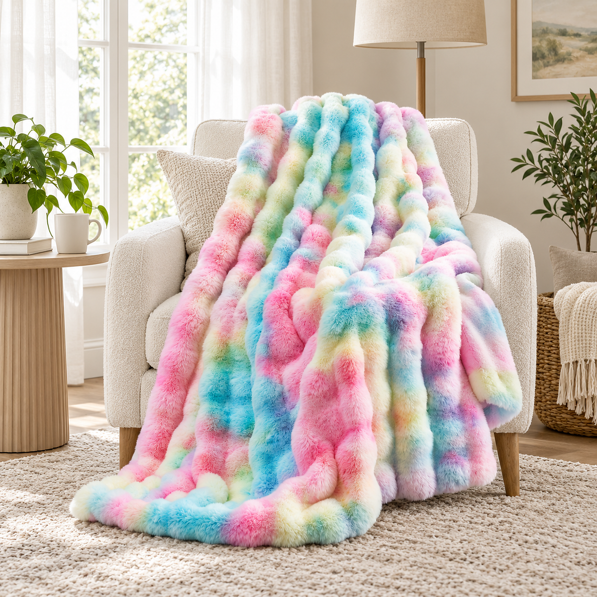 Vimarel tie dye rainbow throw blanket for couch opened across an ivory chair #color_tie-dye rainbow