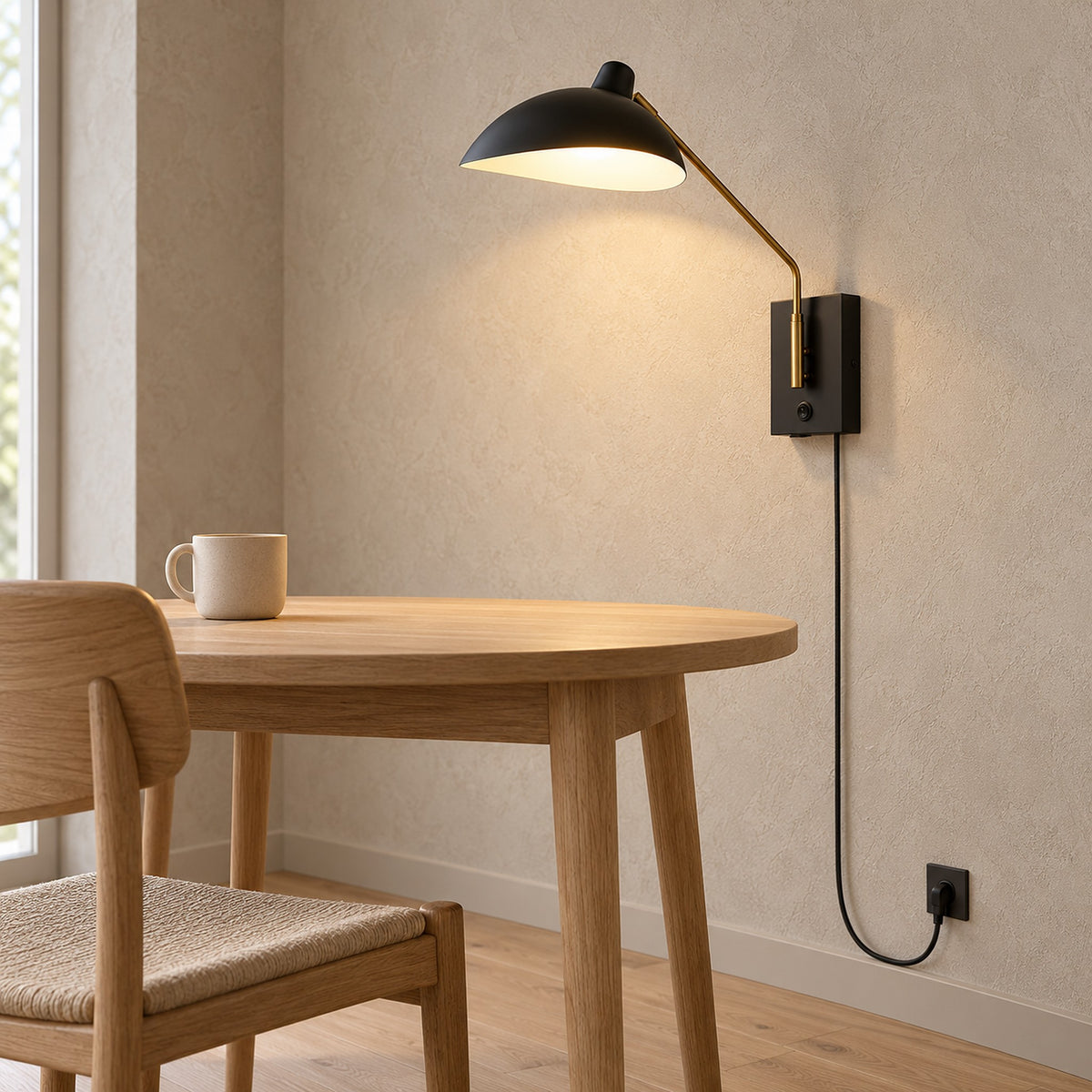 Vimolen black adjustable wall lamp with its shade tilted toward the plaster in a dining nook