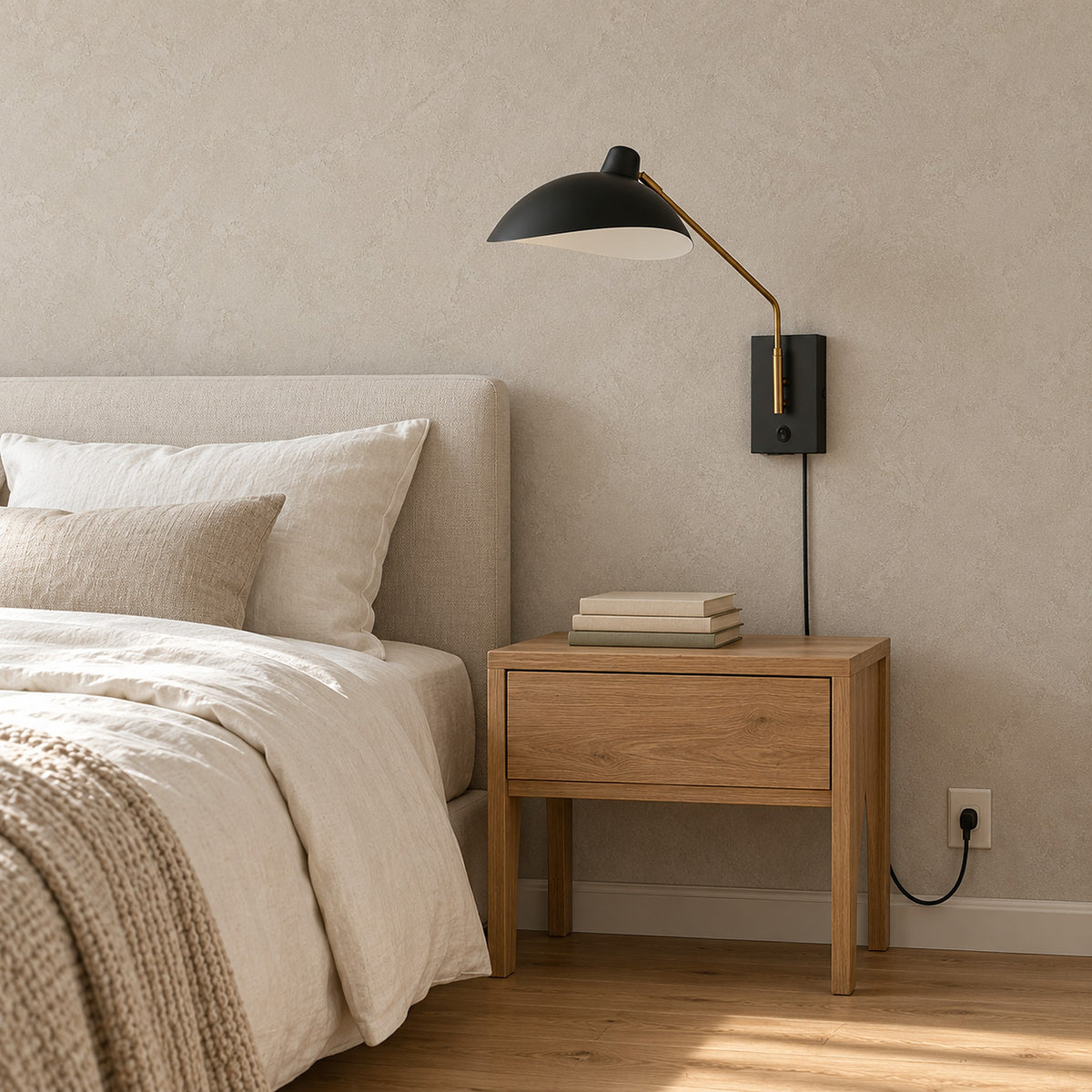 Vimolen black bedside wall light, switched off, above a clear nightstand with books in a bedroom