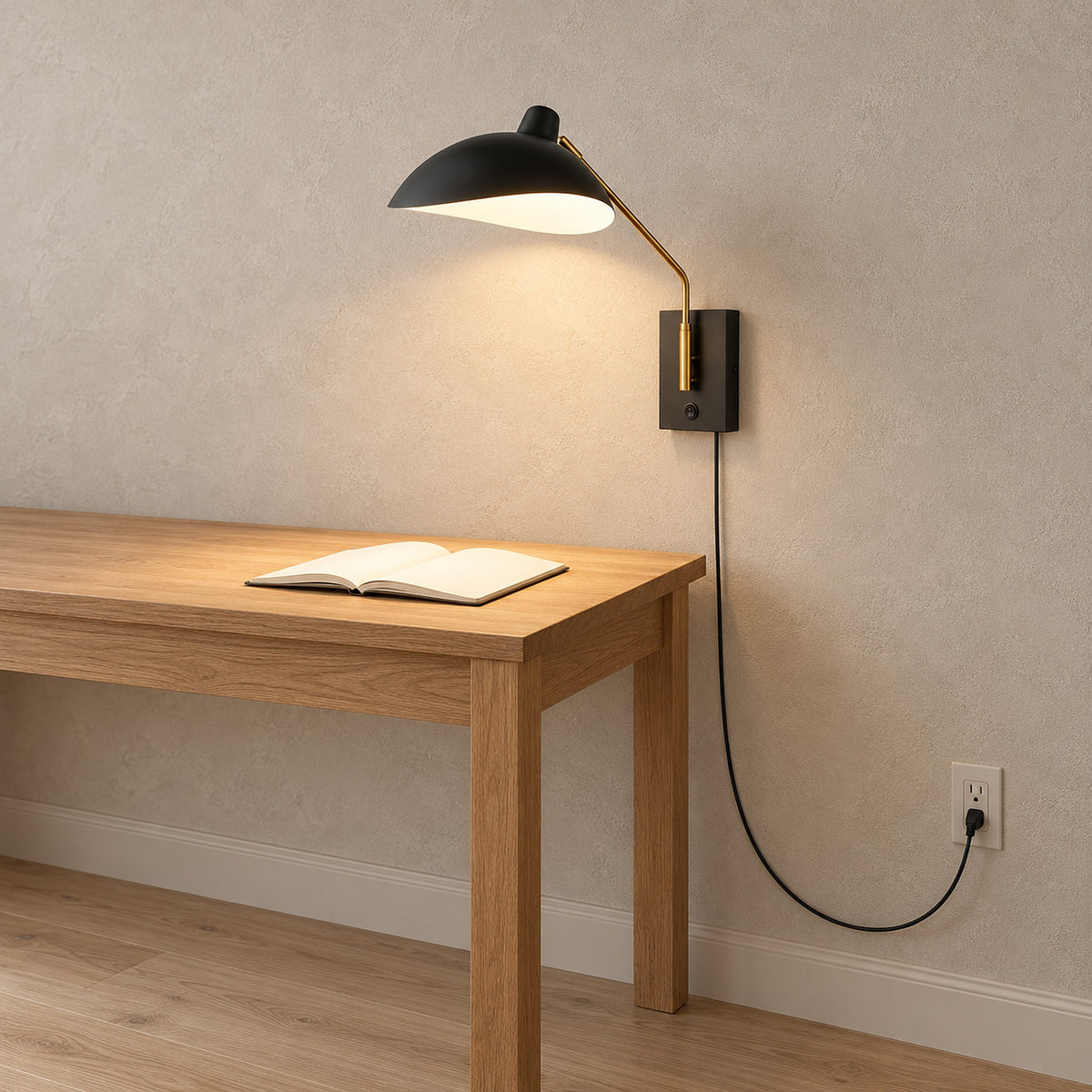 Vimolen black plug in wall lamp with its cord connected beside a writing desk in a home office