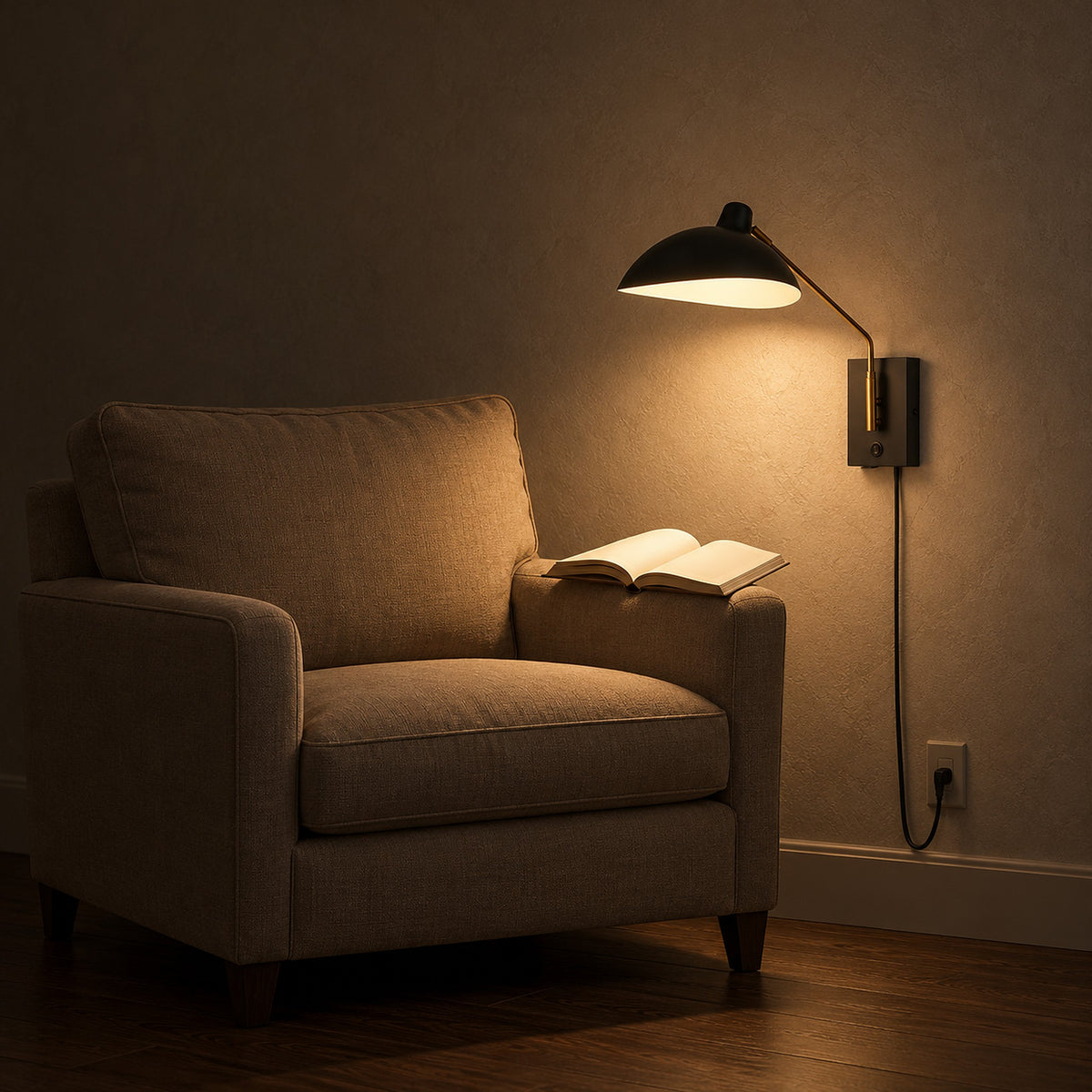 Vimolen black plug in wall light illuminating a book on a study chair at night