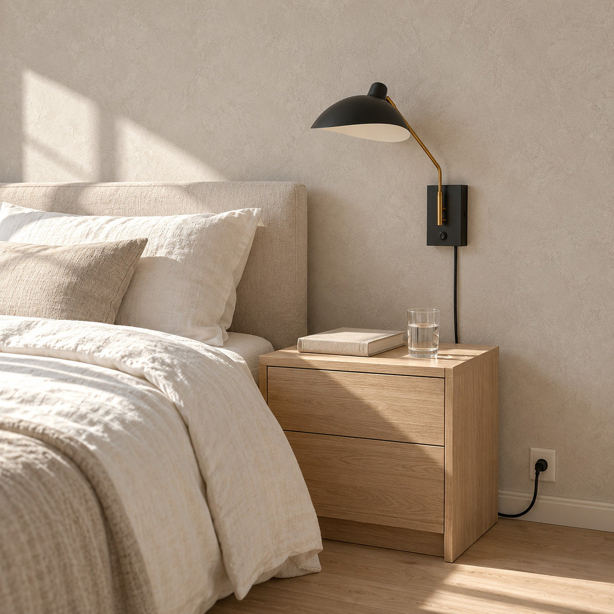Vimolen black wall sconce switched off and folded back toward the wall beside a guest bed