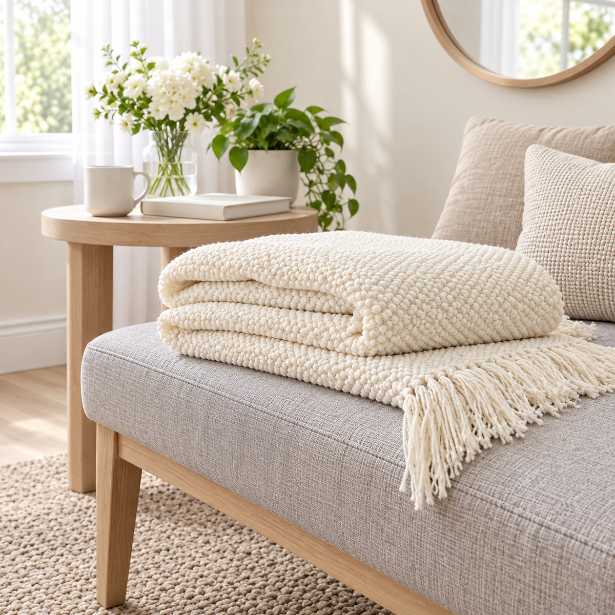 Volisen white knit throw blanket in loose folded layers seen at seat height in a dressing alcove