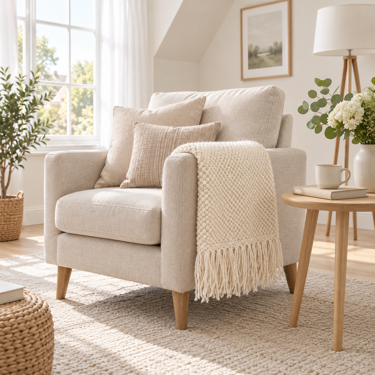 Volisen white throw blanket folded over an armchair arm beside a closed book and a mug