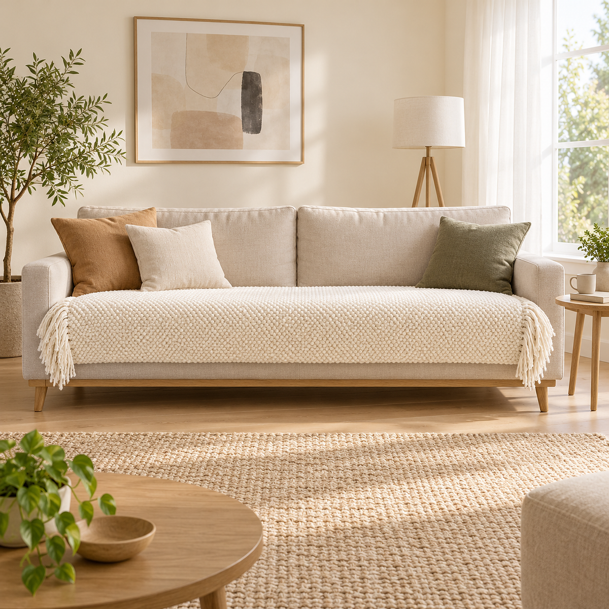 Volisen white throw blanket for couch spread lengthwise along a sofa seat in a bright living room