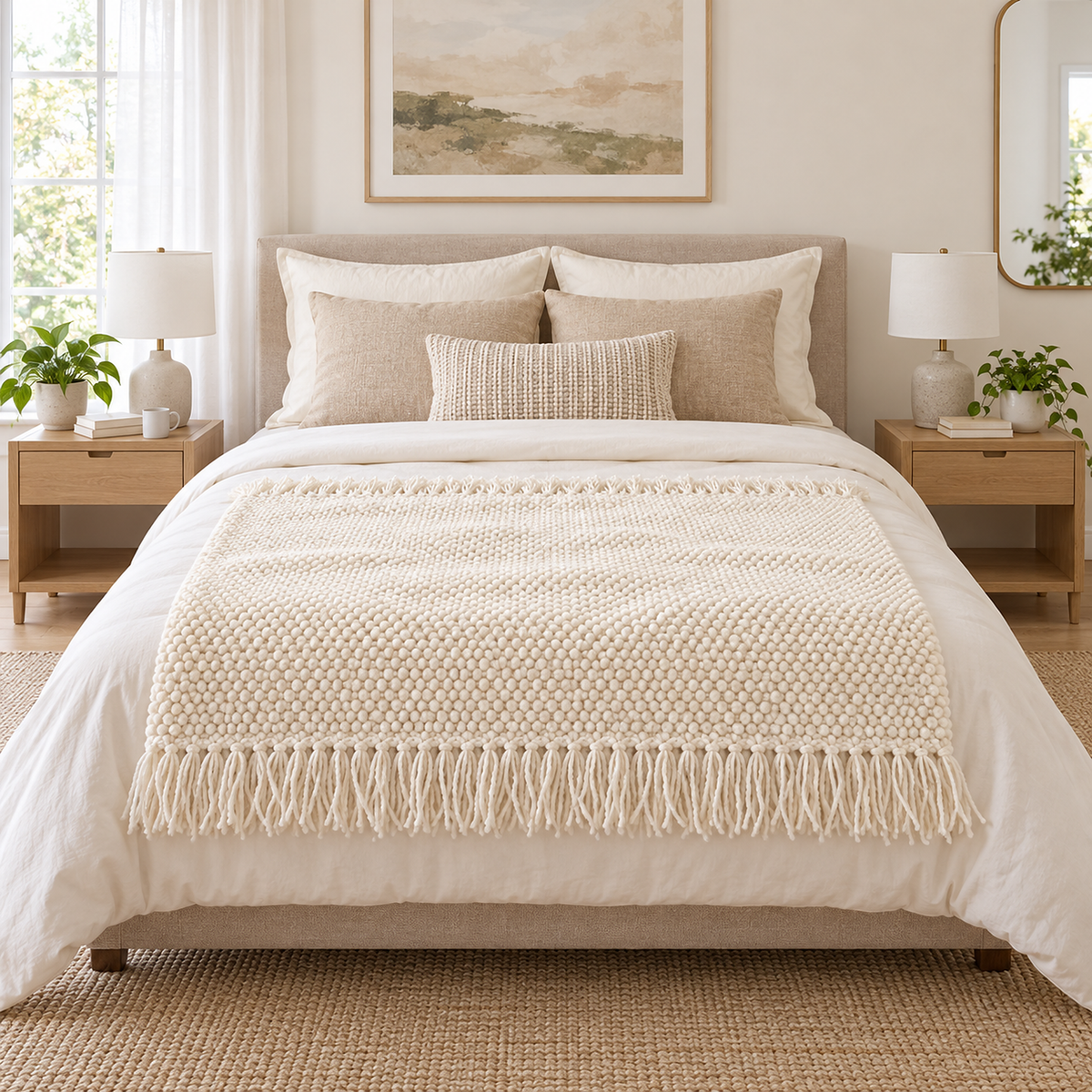 Volisen white throw blanket opened out to show its width across a queen bed