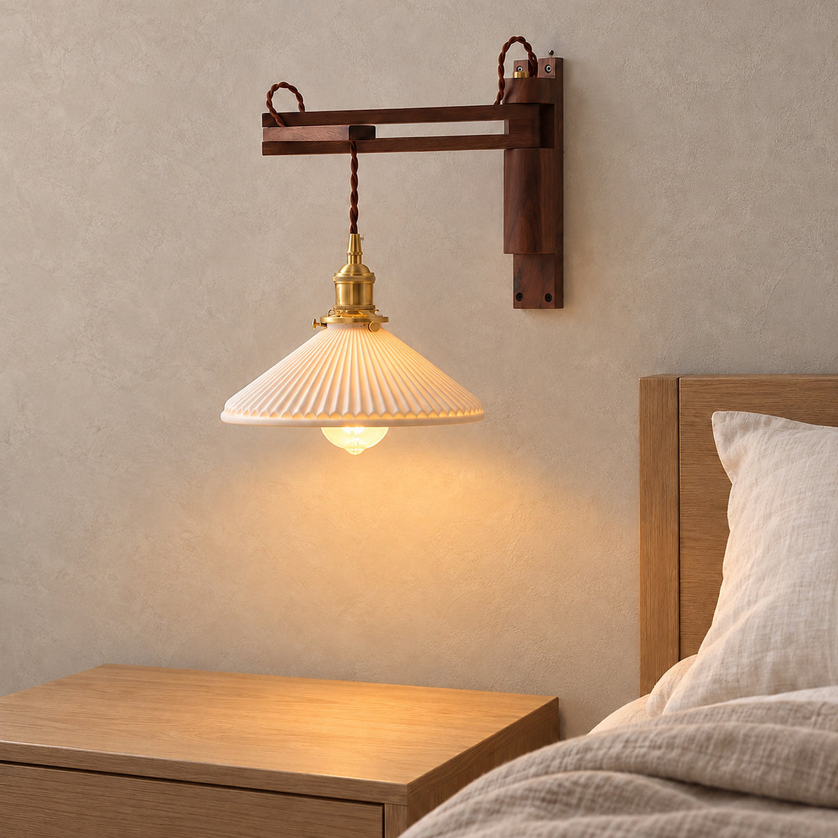 Vonelisa hardwired swing arm wall sconce lit above a nightstand in a guest room with no cord on the wall