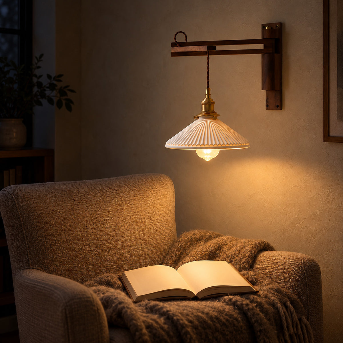 Vonelisa hardwired wood wall sconce lit over a reading chair at night with no cord on the wall