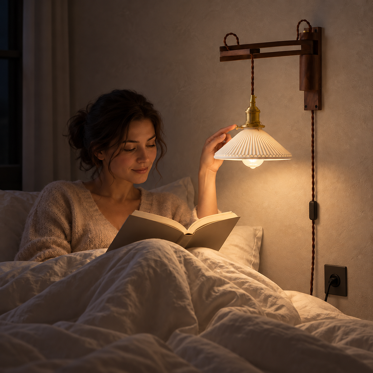 Vonelisa wood bedside lamp lighting a book for someone reading in bed at night
