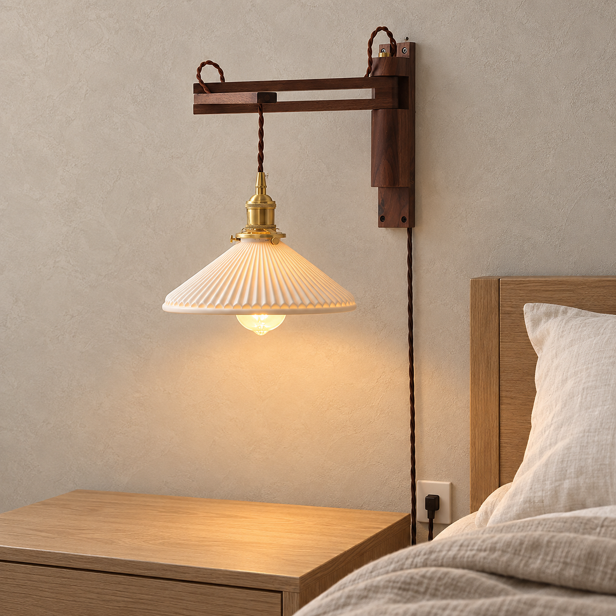 Vonelisa wood bedside lamp sconce lit above a clear nightstand in a guest room