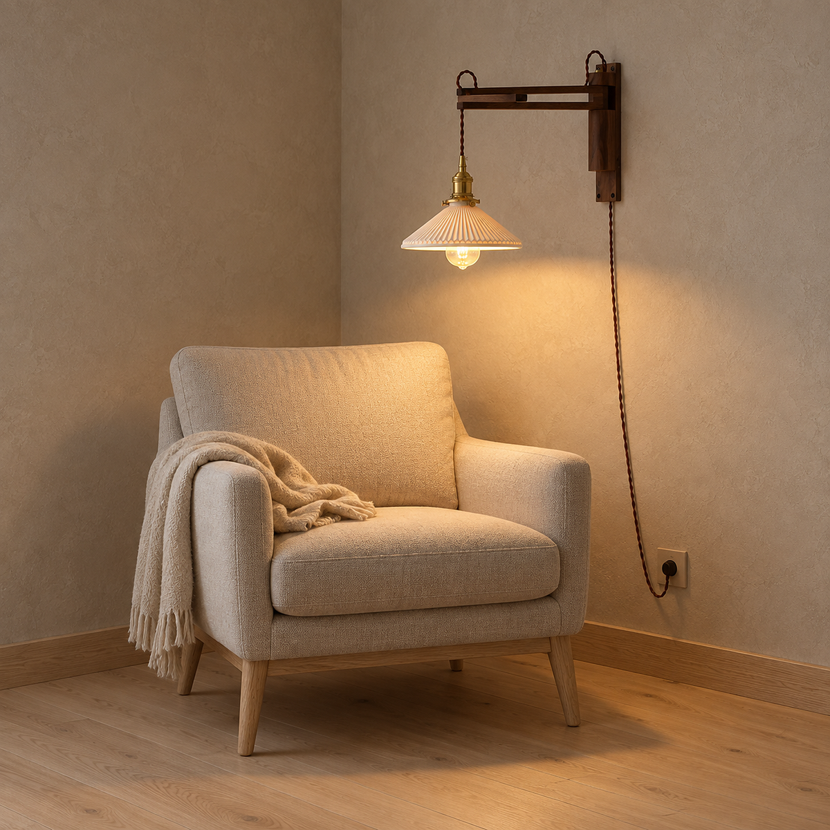 Vonelisa wood LED wall sconce lit above an armchair with clear floor below