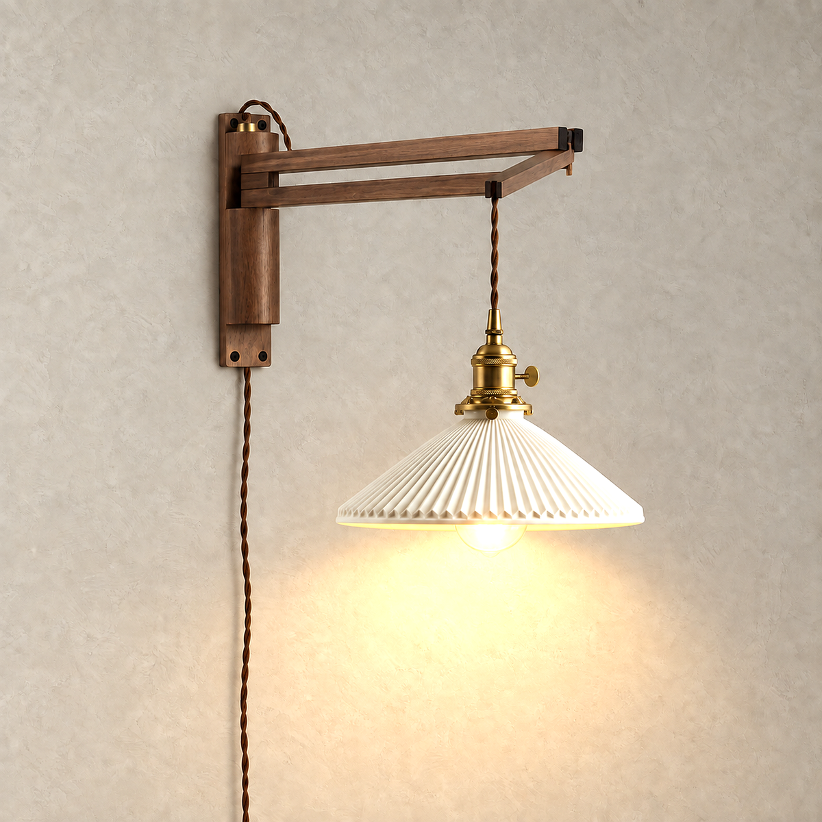 Vonelisa wood wall sconce lit against plaster with its ceramic shade glowing