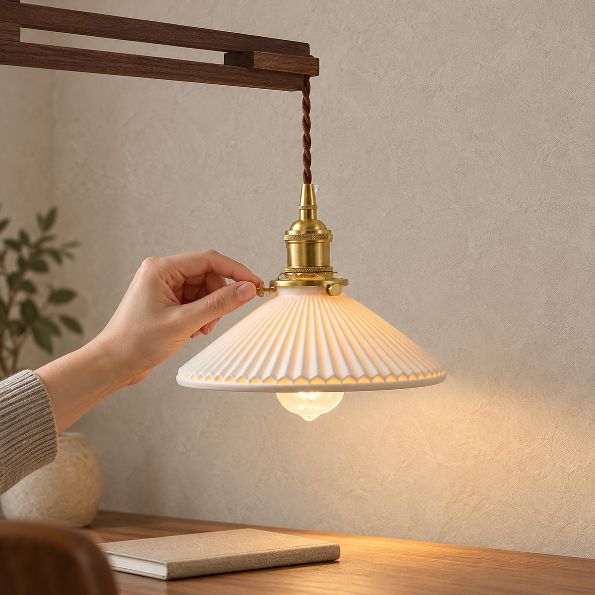 Vonelisa wood wall sconce lit while a hand turns the twist knob on the socket