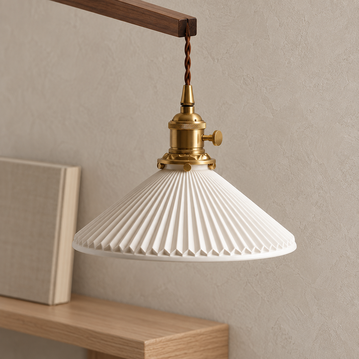 Vonelisa wood swing arm wall sconce close up on the ceramic shade pleats and twist knob
