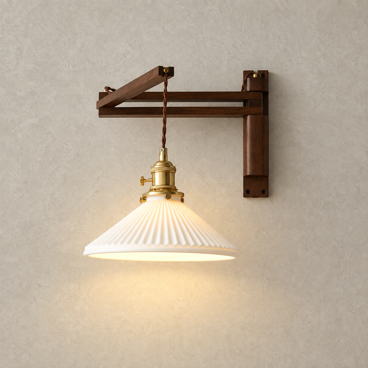 Vonelisa wood swing arm wall sconce hardwired version lit alone on a plain plate