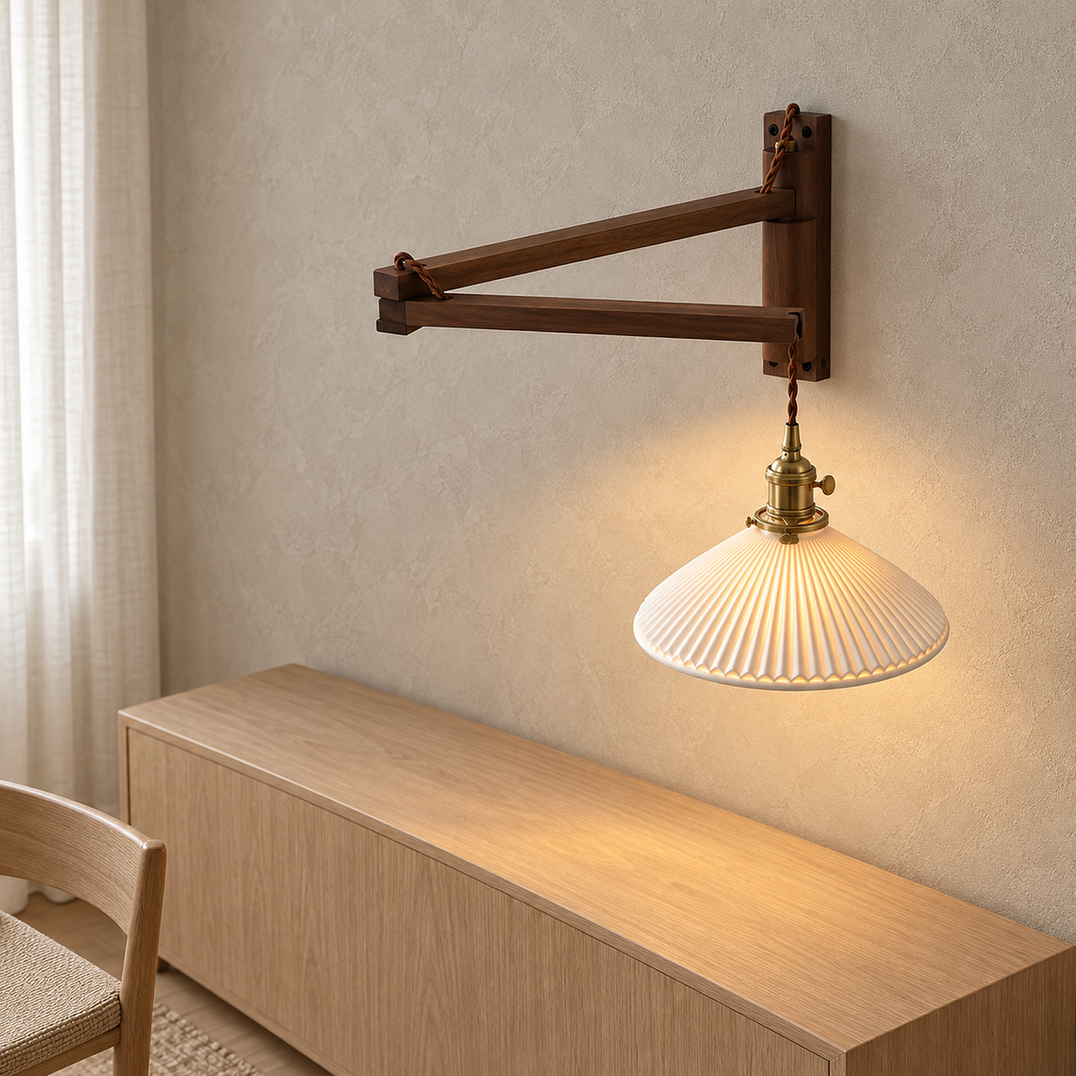 Vonelisa wood swing arm wall sconce showing the two arm pivots and the narrow rectangular backplate