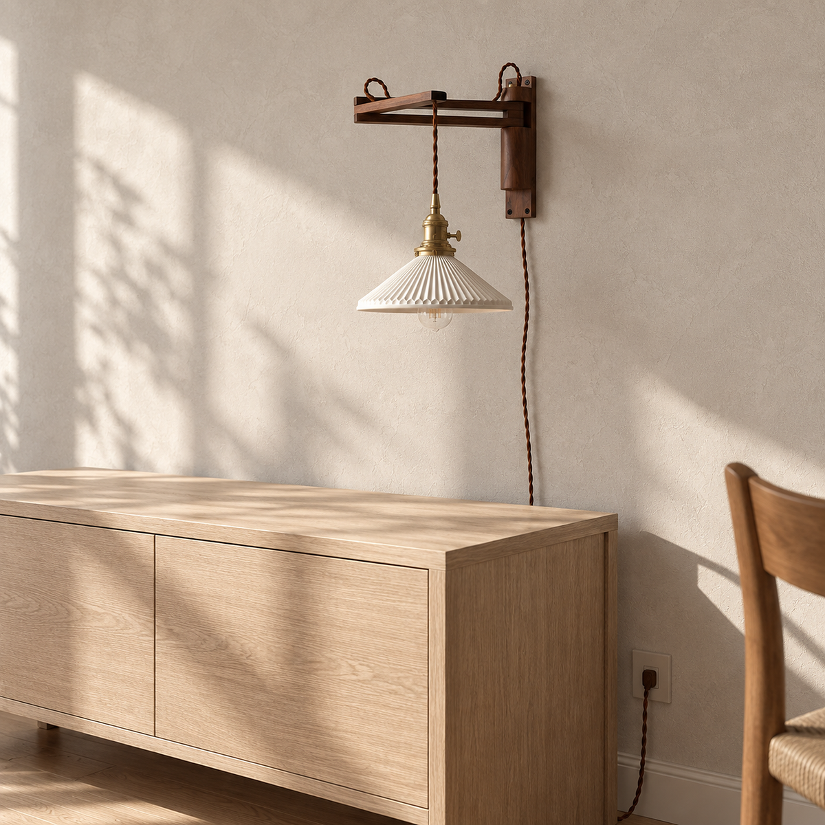 Vonelisa wood swing arm wall sconce switched off with the arm folded back in bright daylight