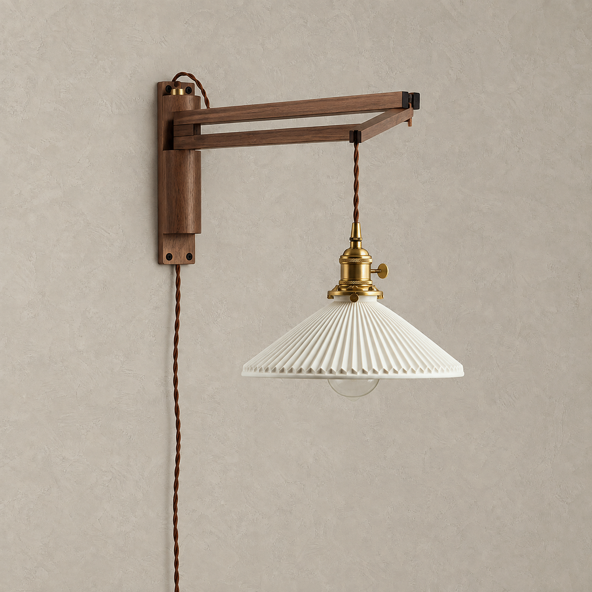 Vonelisa wood swing arm wall sconce unlit on a plain plate with the arm folded in