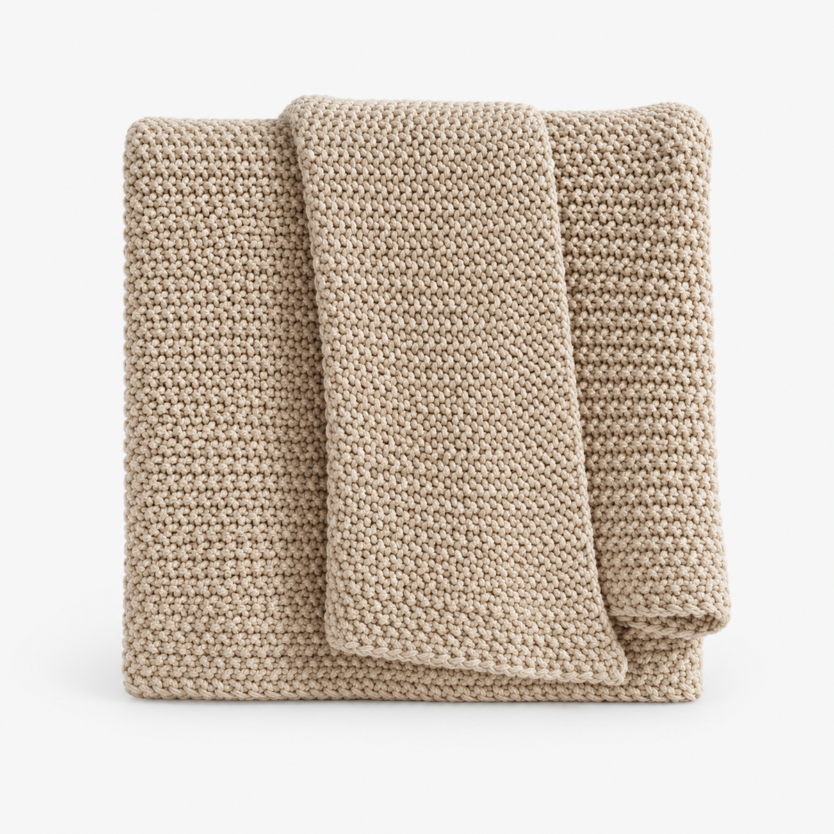 Vosarel beige knit throw blanket loosely folded on a plain white background
